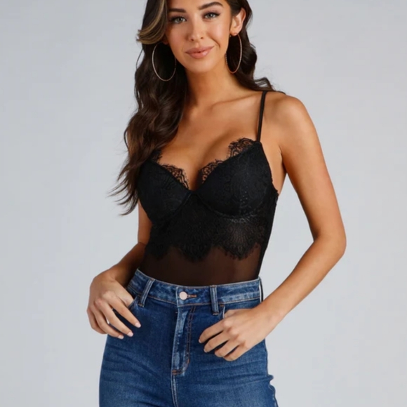 Windsor Tops - Windsor Black Lace Sexy Bustier Bodysuit Size Large